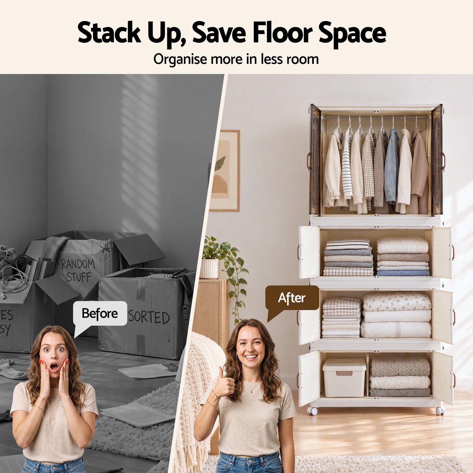 Artiss Foldable Storage Cabinet Stackable Box Wardrobe Clear Magnetic Door White
