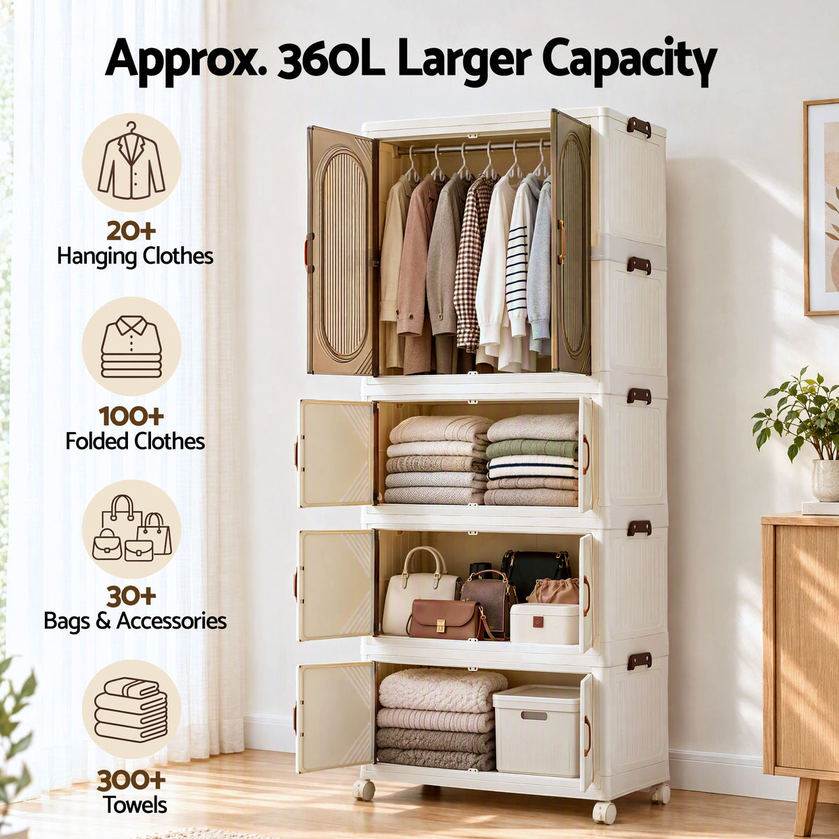 Artiss Foldable Storage Cabinet Stackable Box Wardrobe Clear Magnetic Door White