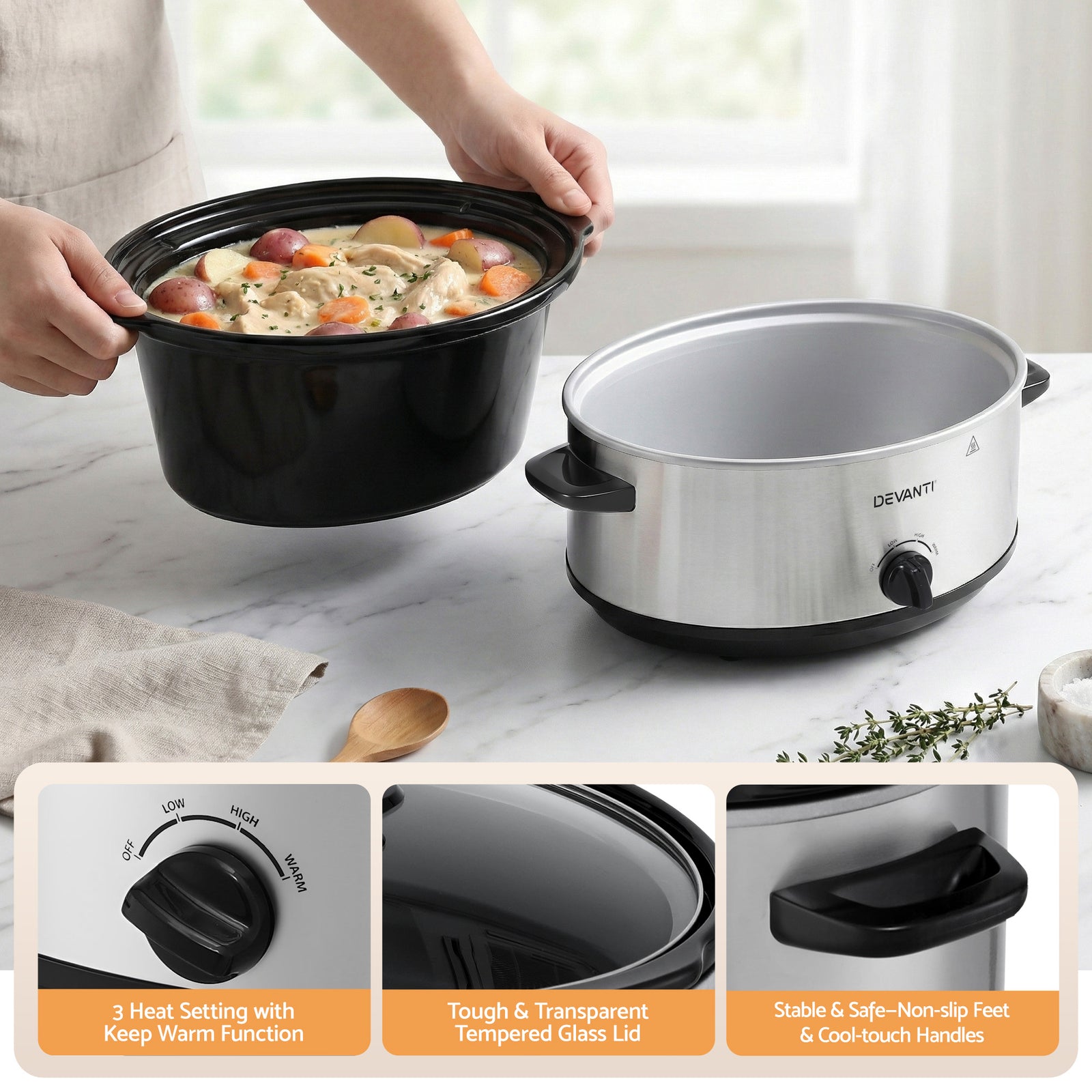 Devanti 6.5L Slow Cooker Electric Multi Cooker with 3 Heat Settings and Keep Warm Function