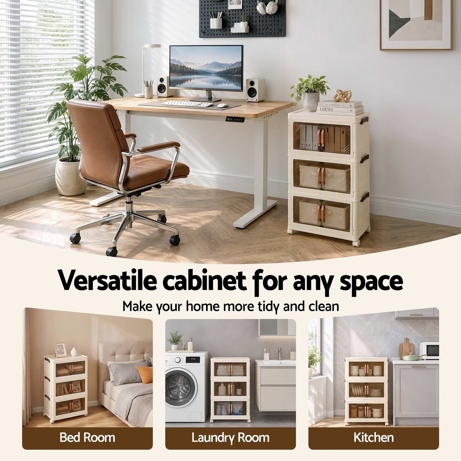 Artiss 3-Tier Foldable Storage Cabinet Stackable Box Clear Magnetic Door White