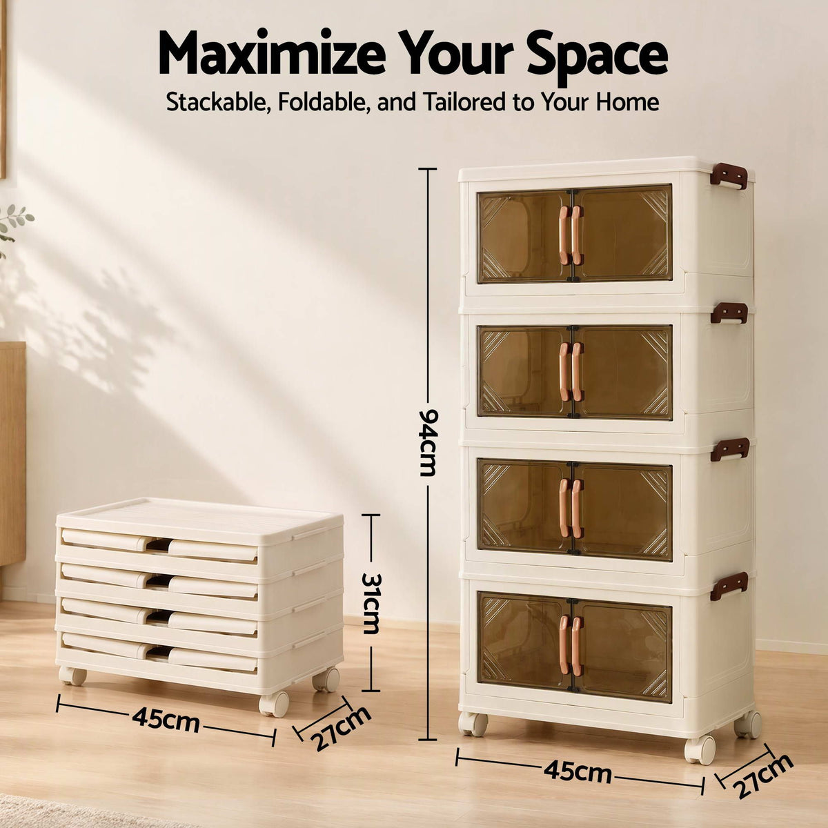 Artiss 4-Tier Foldable Storage Cabinet Stackable Box Clear Magnetic Door White