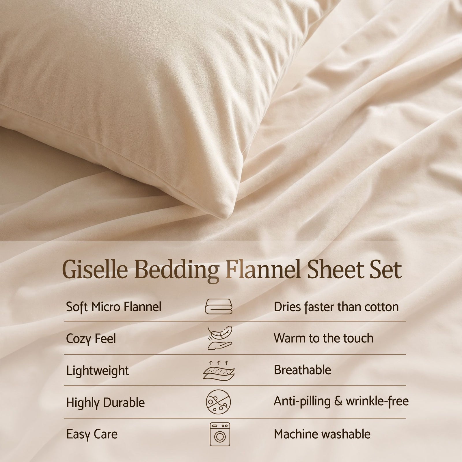 Giselle Single Sheet Set 150 GSM Anti-pilling Micro Flannel, Fast Drying Lightweight 4 Piece, 40CM Deep Pocket Fits Thick Mattress, Cream White