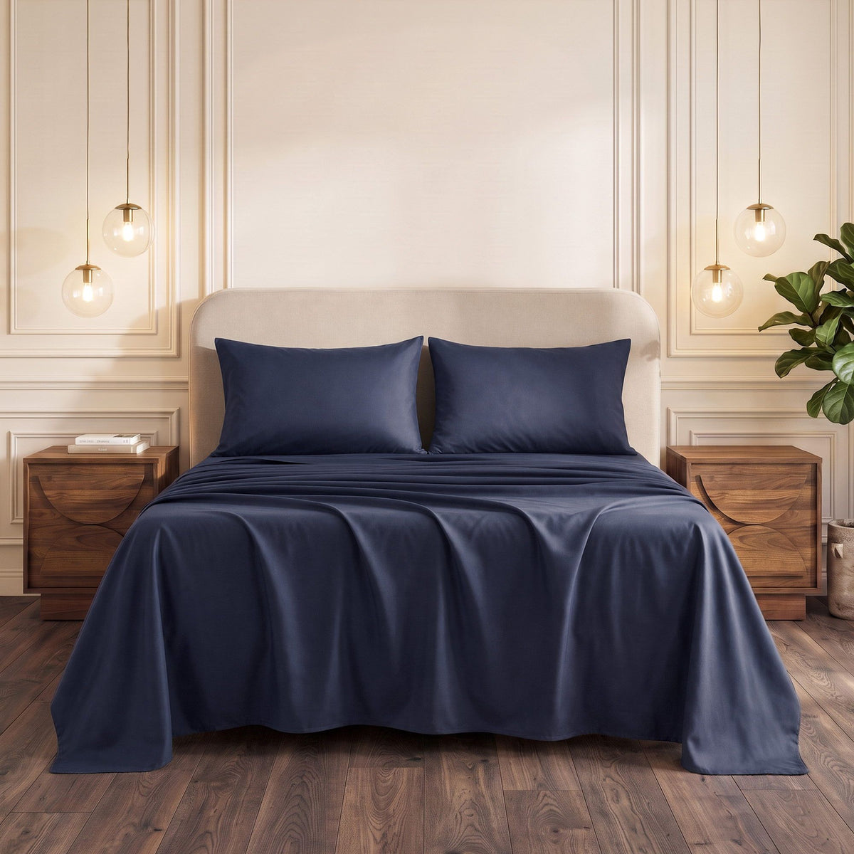 Giselle King 500TC Cotton 4Pcs Sheet Set with 40cm Extra Deep Pocket for Thick Mattresses Sateen Weave for Sweaty Nights Navy Blue