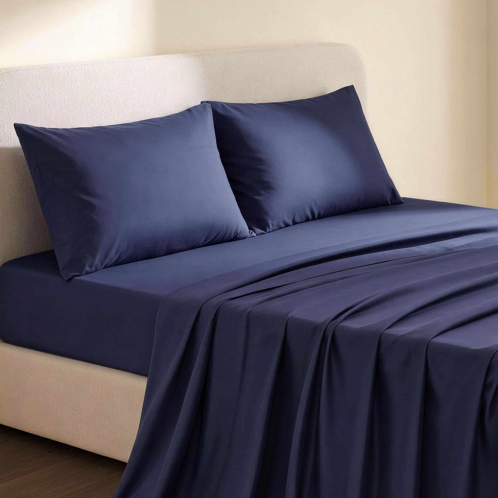 Giselle Queen 500TC Cotton 4Pcs Sheet Set with 40cm Extra Deep Pocket for Thick Mattresses Sateen Weave for Sweaty Nights Navy Blue