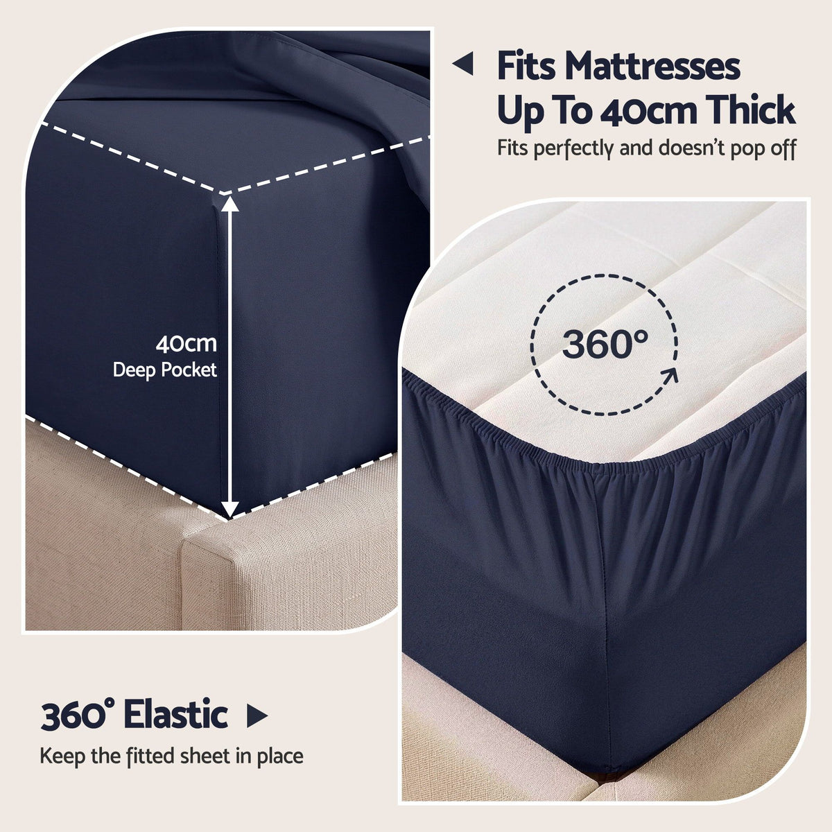 Giselle Queen 500TC Cotton 4Pcs Sheet Set with 40cm Extra Deep Pocket for Thick Mattresses Sateen Weave for Sweaty Nights Navy Blue