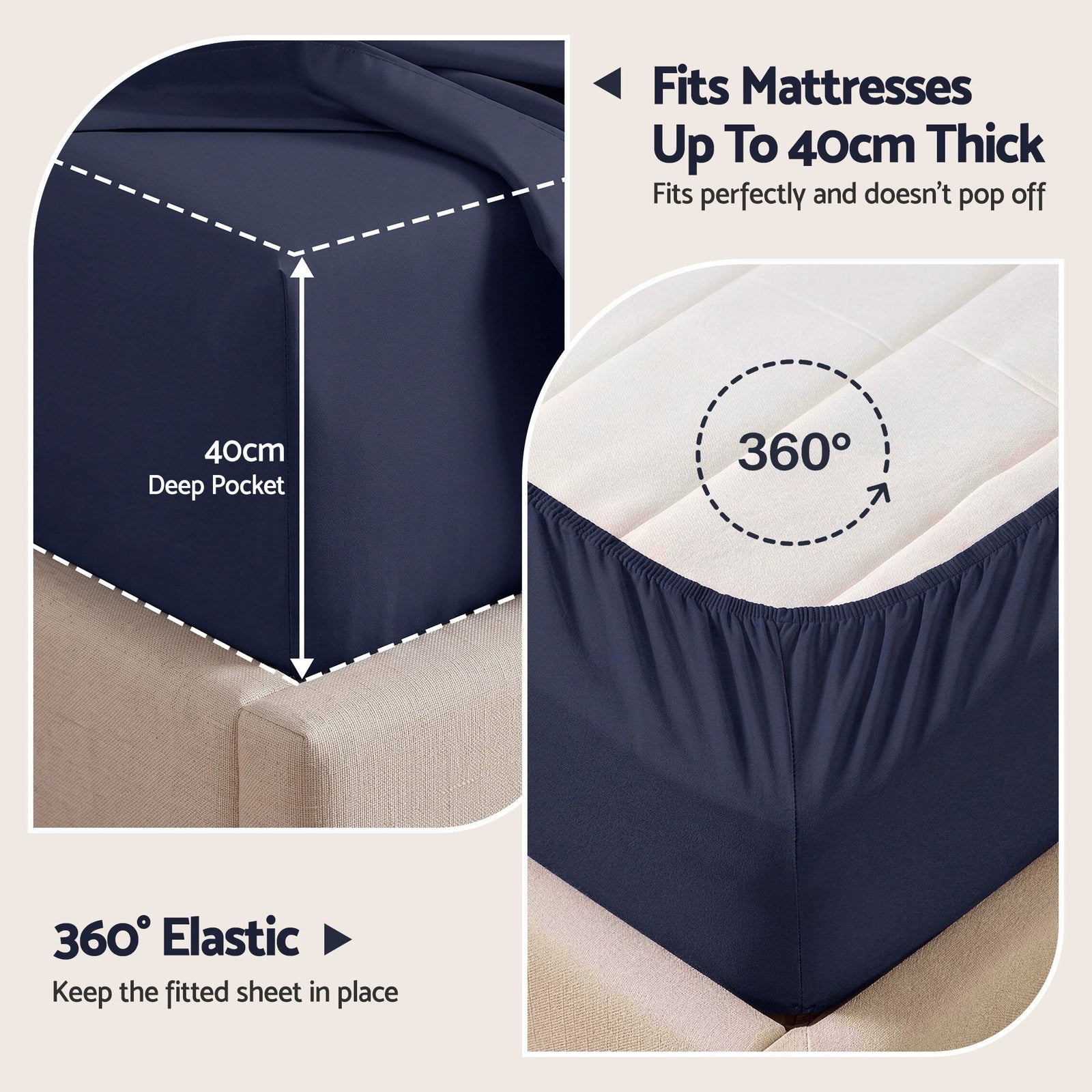 Giselle Single 500TC Cotton 4Pcs Sheet Set with 40cm Extra Deep Pocket for Thick Mattresses Sateen Weave for Sweaty Nights Navy Blue