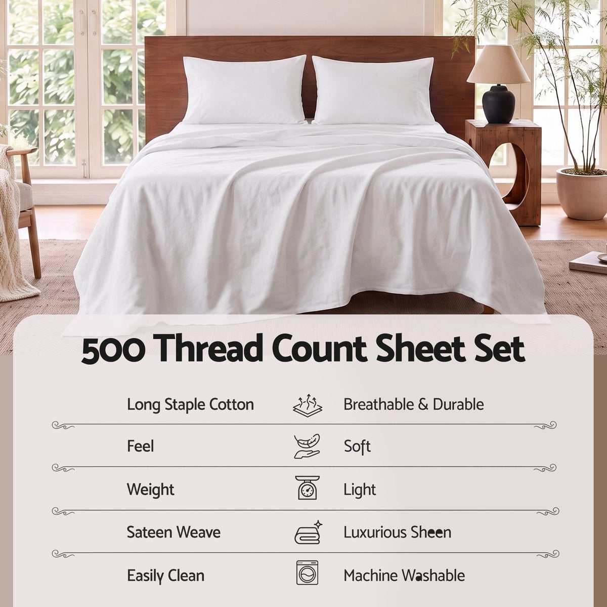 Giselle Double 500TC Cotton 4Pcs Sheet Set with 40cm Extra Deep Pocket for Thick Mattresses Sateen Weave for Sweaty Nights White