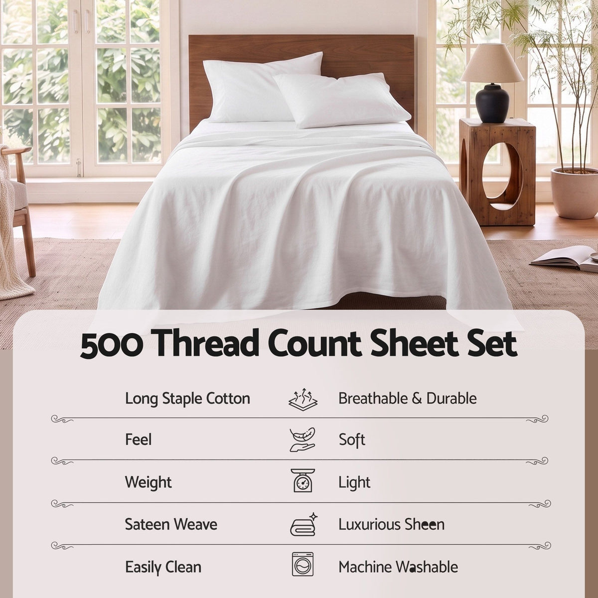 Giselle Kingsingle 500TC Cotton 4Pcs Sheet Set with 40cm Extra Deep Pocket for Thick Mattresses Sateen Weave for Sweaty Nights White