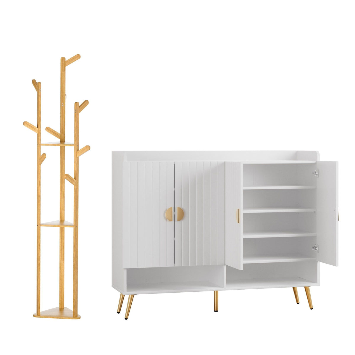 Artiss Shoe Rack Cabinet &amp; Clothes Rack Set Storage Shelf White Pine