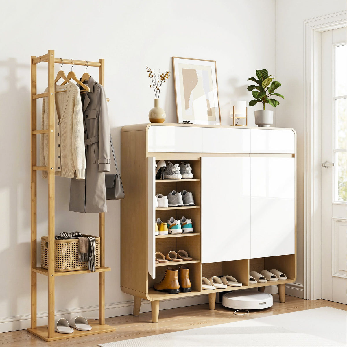 Artiss Shoe Rack Cabinet Wooden &amp; Bamboo Clothes Rack Set Storage Shelf White Pine
