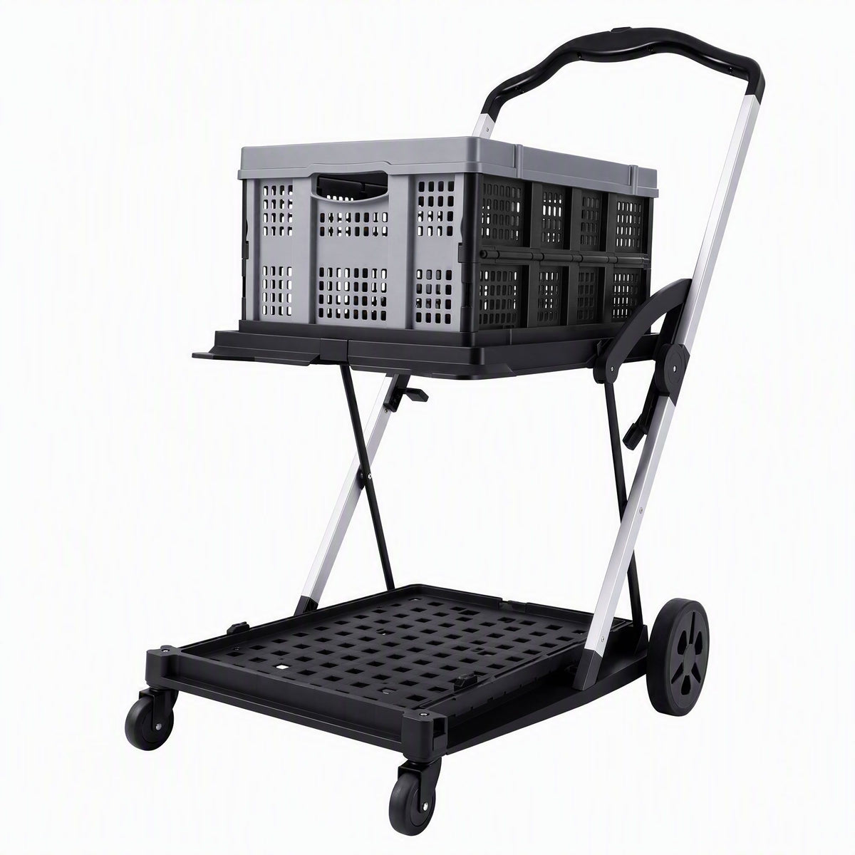 Artiss Shopping Trolley with Wheels 2 Layer w/1 Crate Foldable Trolley Grey