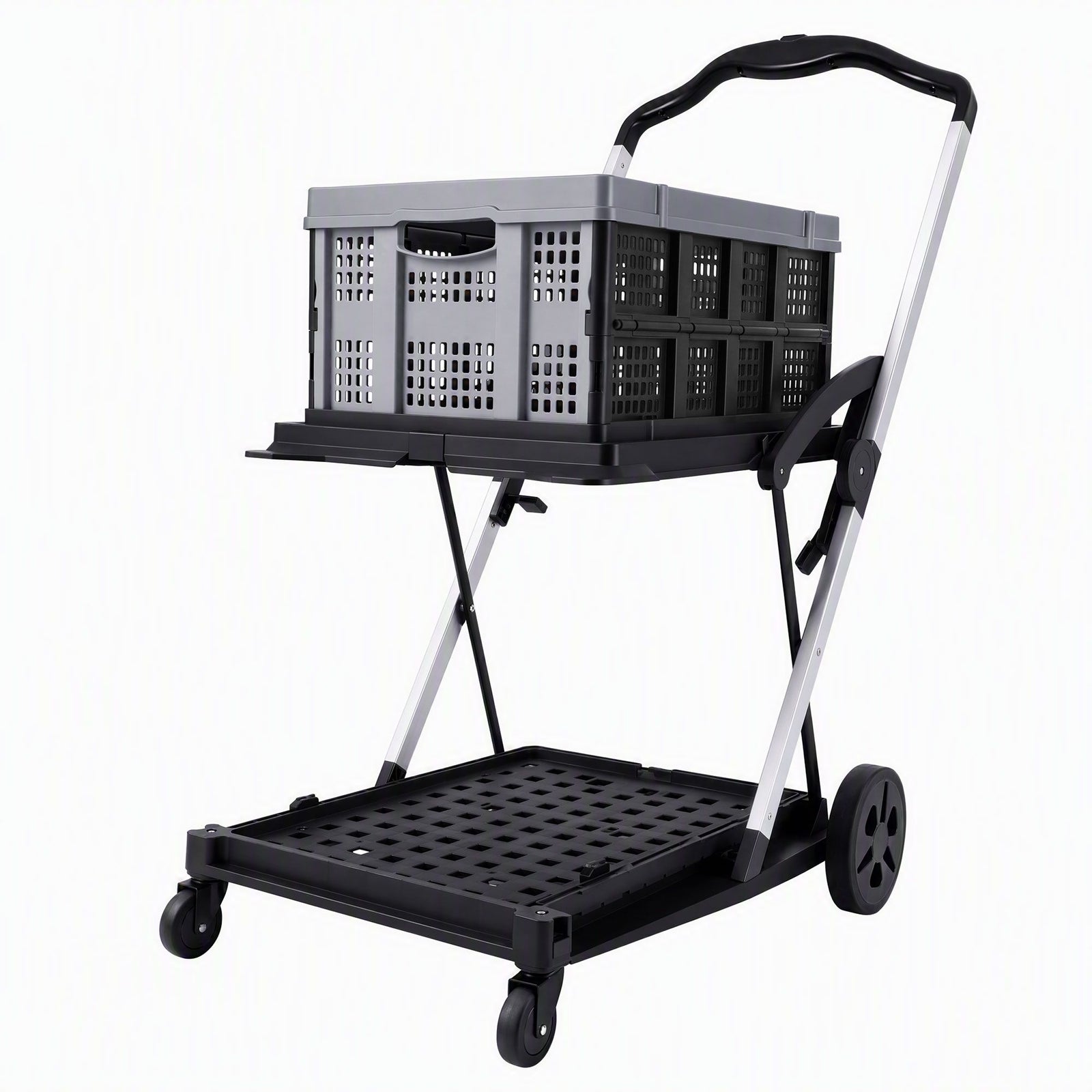 Artiss Shopping Trolley with Wheels 2 Layer w/1 Crate Foldable Trolley Grey
