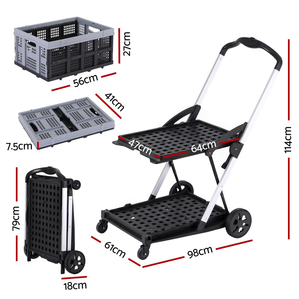 Artiss Shopping Trolley with Wheels 2 Layer w/1 Crate Foldable Trolley Grey