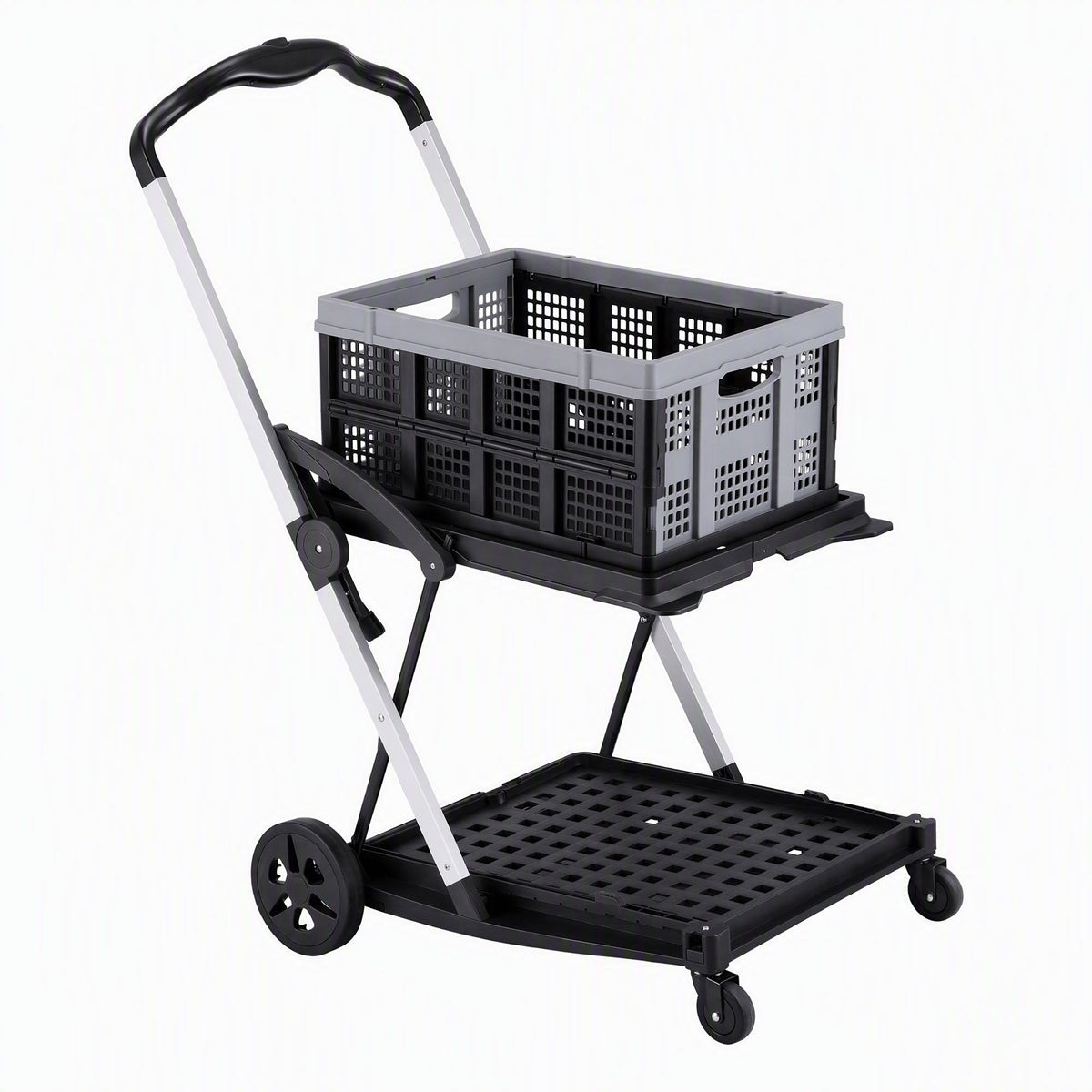 Artiss Shopping Trolley with Wheels 2 Layer w/1 Crate Foldable Trolley Grey