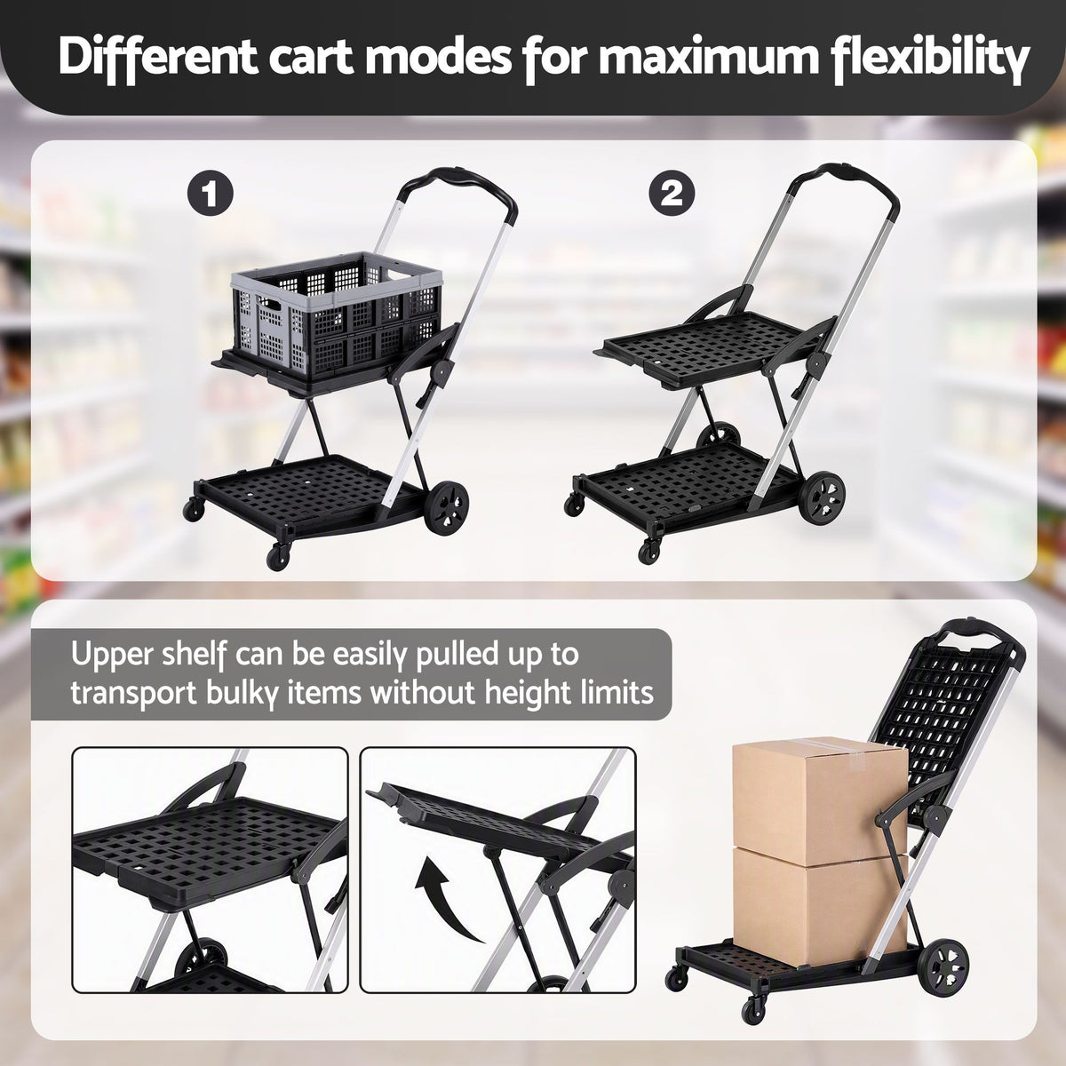 Artiss Shopping Trolley with Wheels 2 Layer w/1 Crate Foldable Trolley Grey