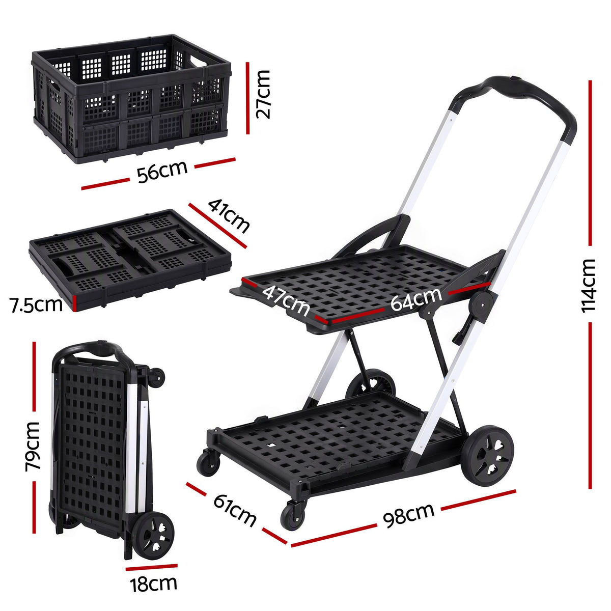 Artiss Shopping Trolley with Wheels 2 Layer w/2 Crates Foldable Trolley Black