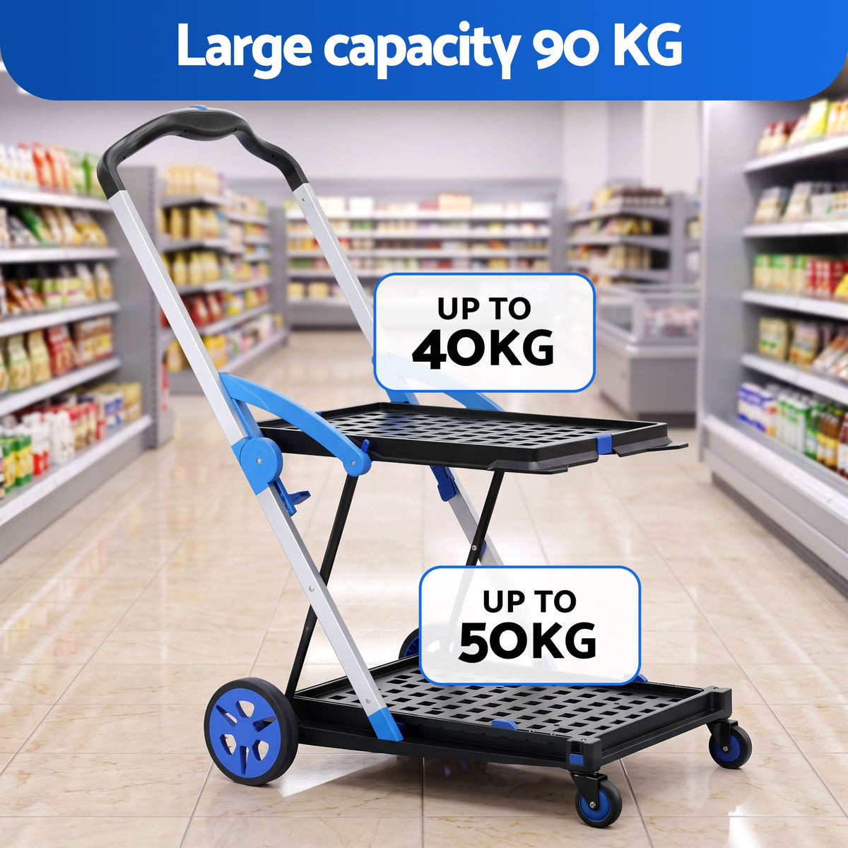 Artiss Shopping Trolley with Wheels 2 Layer w/2 Crates Foldable Trolley Blue