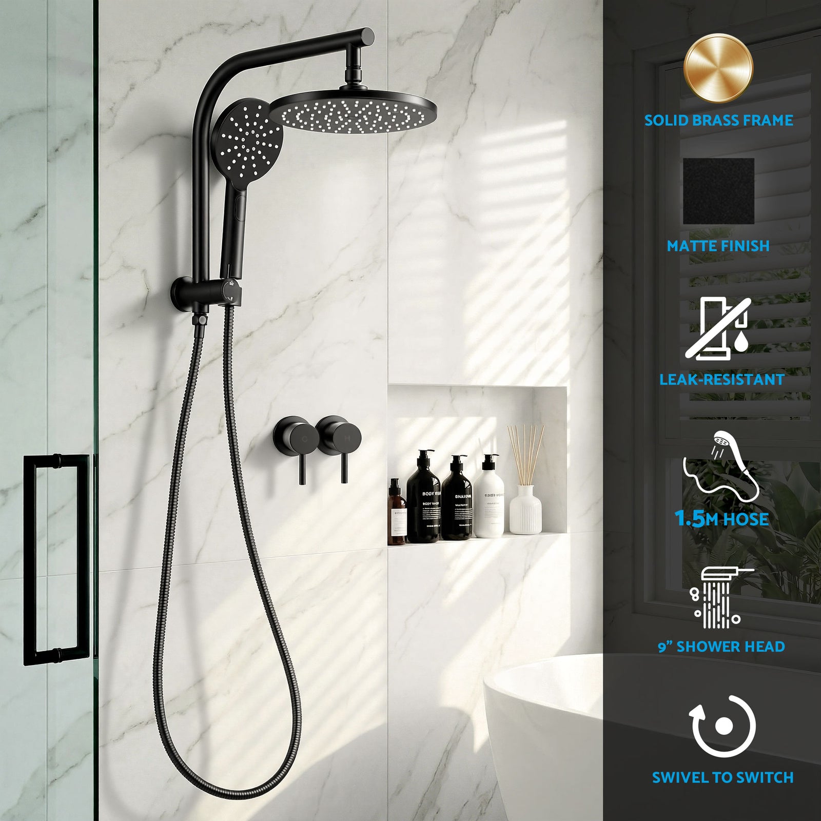 Cefito 9'' Rain Shower Head Set Handheld Round High Pressure Twins Tap Chrome