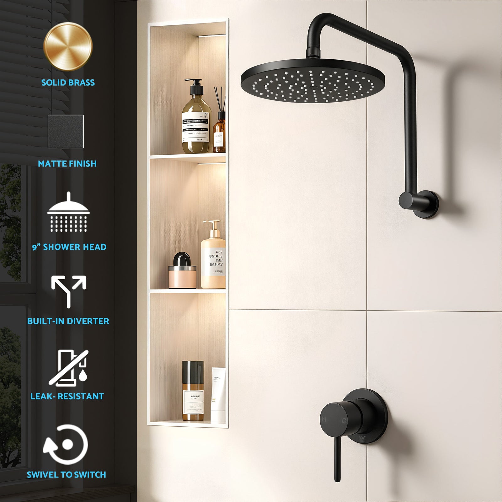 Cefito 9'' Rain Overhead Swivel Shower Head with Wall Bathroom Mixer