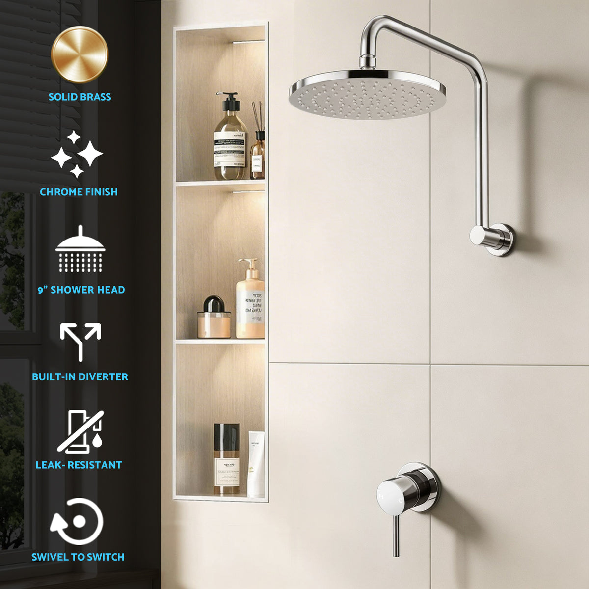 Cefito 9'' Rain Overhead Swivel Shower Head with Wall Bathroom Mixer Silver