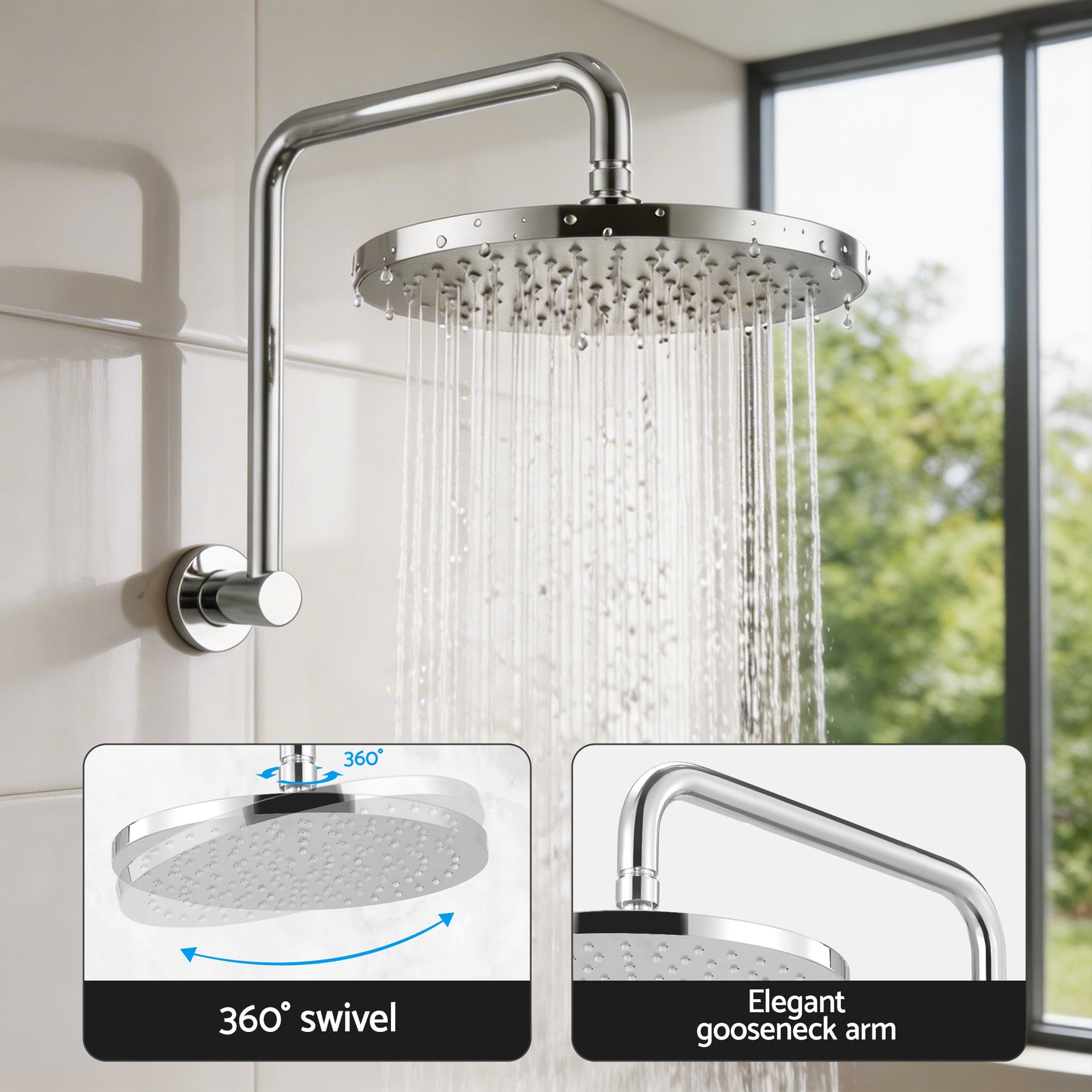 Cefito 9'' Rain Overhead Swivel Shower Head with Wall Bathroom Mixer Silver