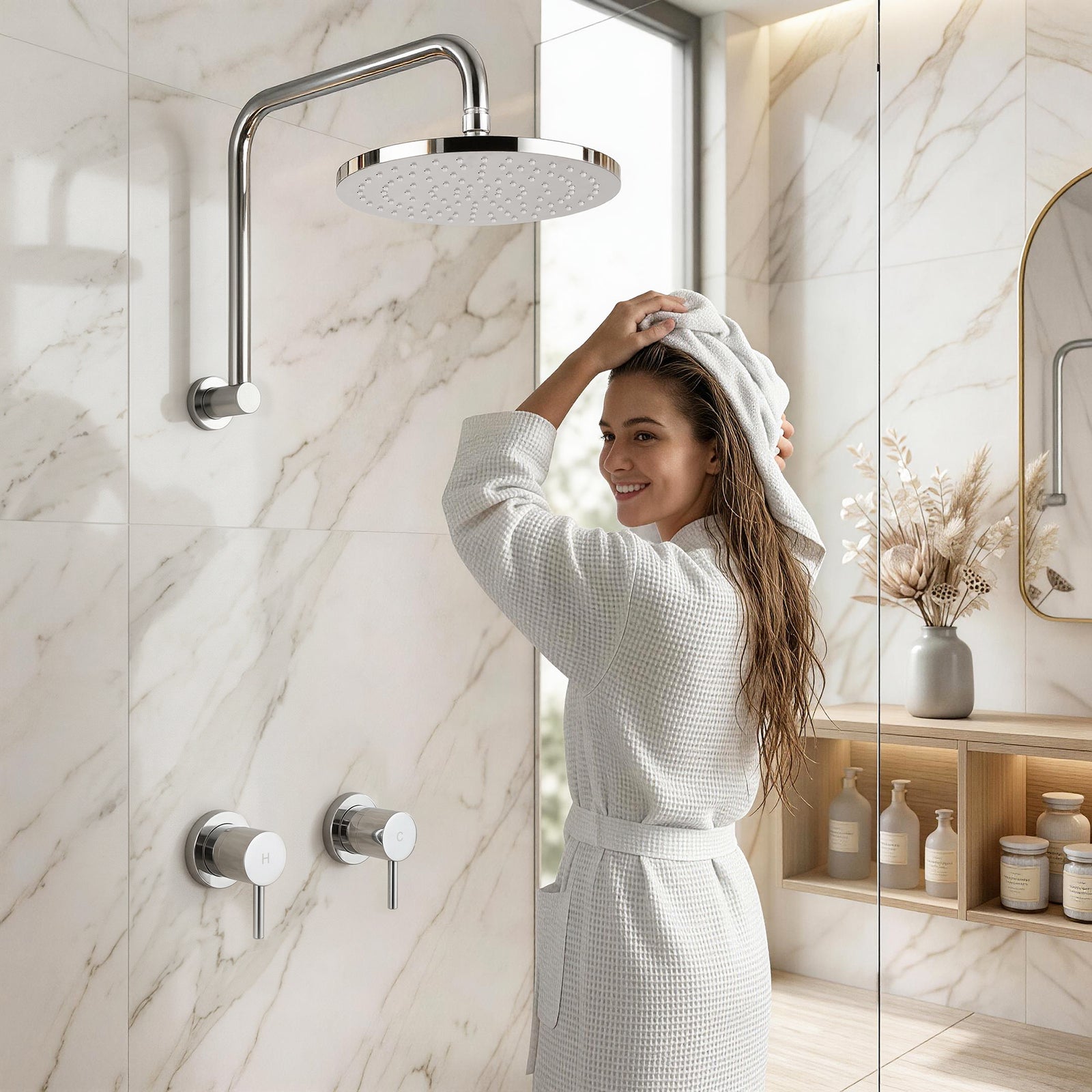 Cefito 9'' Rain Overhead Swivel Shower Head with Wall Twin Swivel Bathroom Tap Silver