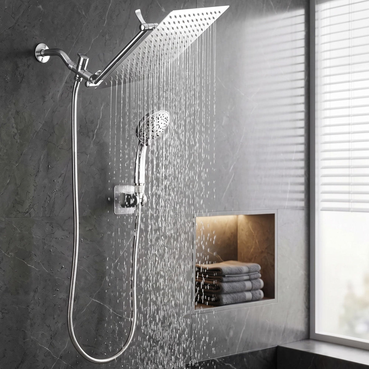 Cefito High-Pressure Rain Shower Head with Handheld, Gear-Lock Anti-Sag Arm for Family Spa, 12" Stainless Steel Rainfall &amp; 9-Setting Wand Combo, 3-Way Diverter, Drill-Free Adhesive Bracket