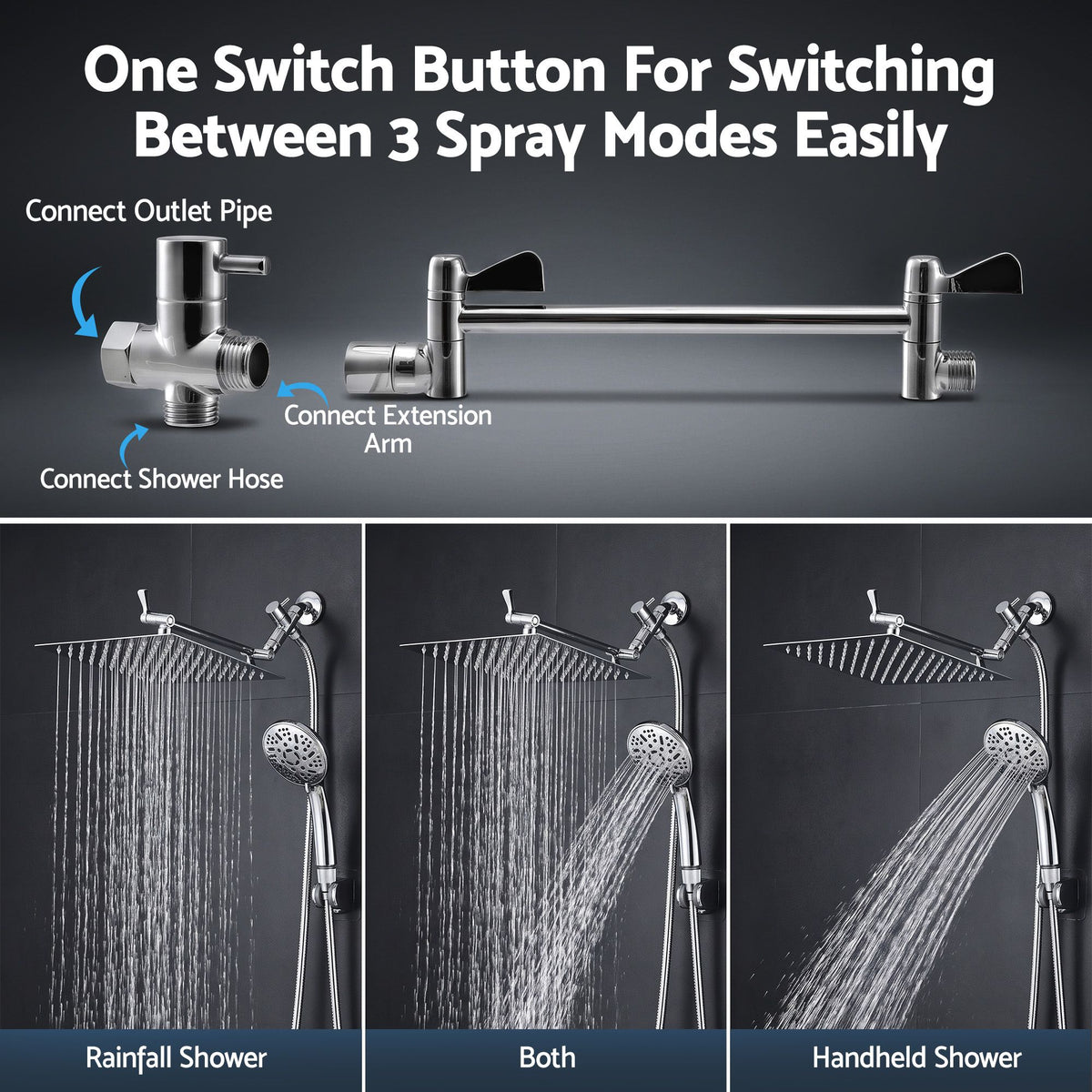 Cefito High-Pressure Rain Shower Head with Handheld, Gear-Lock Anti-Sag Arm for Family Spa, 12" Stainless Steel Rainfall & 9-Setting Wand Combo, 3-Way Diverter, Drill-Free Adhesive Bracket