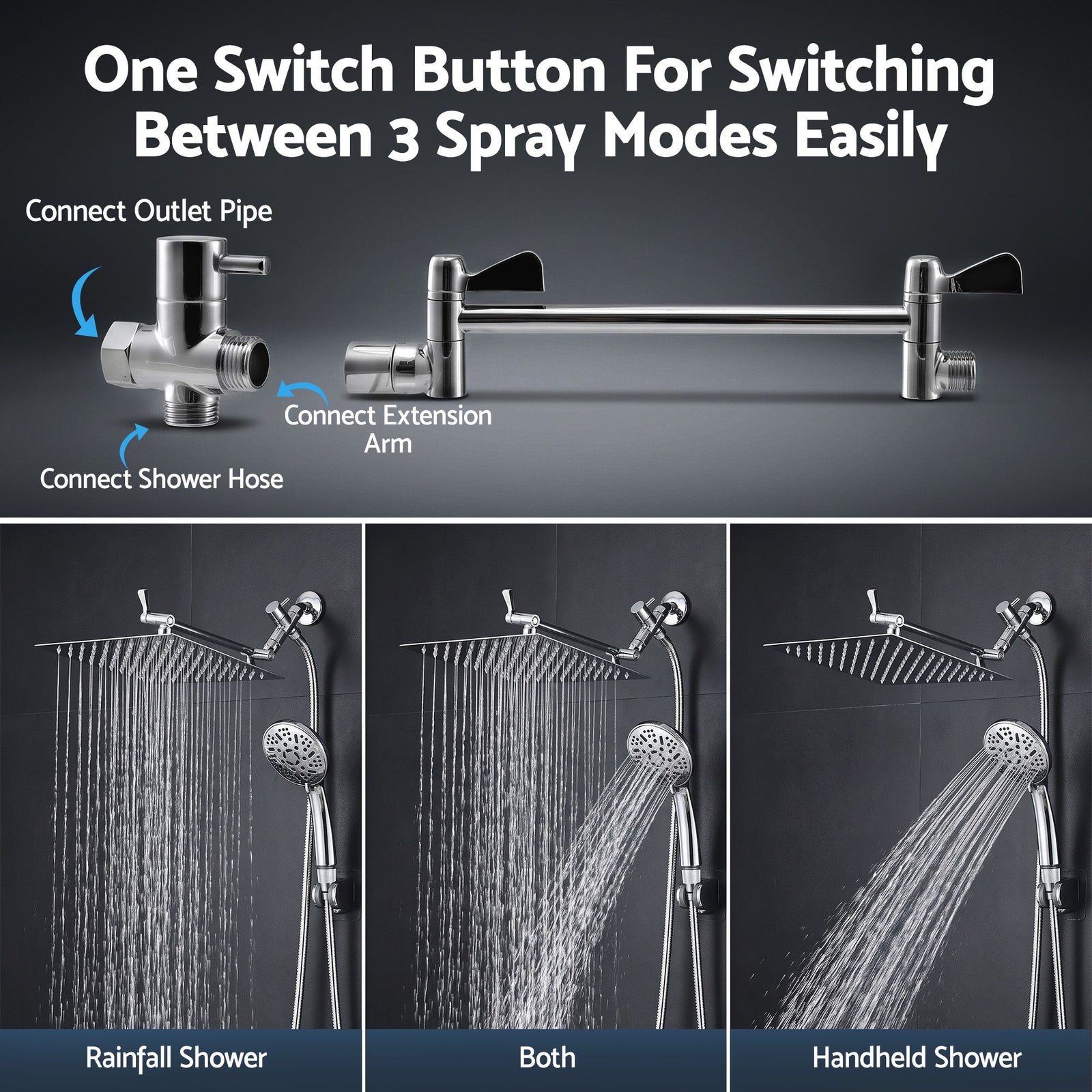 Cefito High-Pressure Rain Shower Head with Handheld, Gear-Lock Anti-Sag Arm for Family Spa, 12" Stainless Steel Rainfall & 9-Setting Wand Combo, 3-Way Diverter, Drill-Free Adhesive Bracket