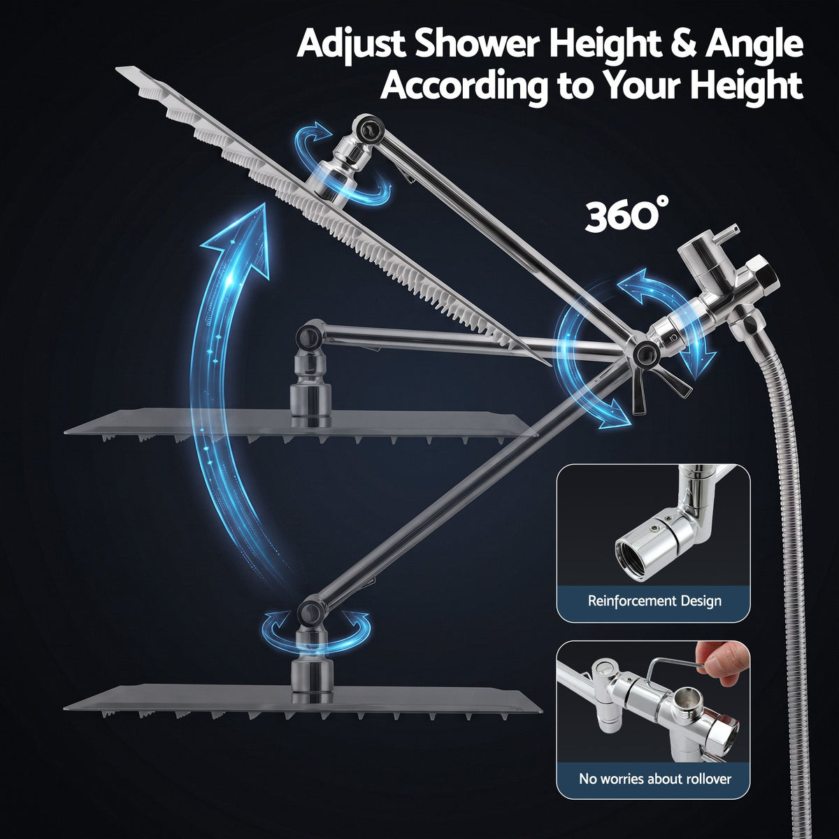 Cefito High-Pressure Rain Shower Head with Handheld, Gear-Lock Anti-Sag Arm for Family Spa, 12" Stainless Steel Rainfall & 9-Setting Wand Combo, 3-Way Diverter, Drill-Free Adhesive Bracket