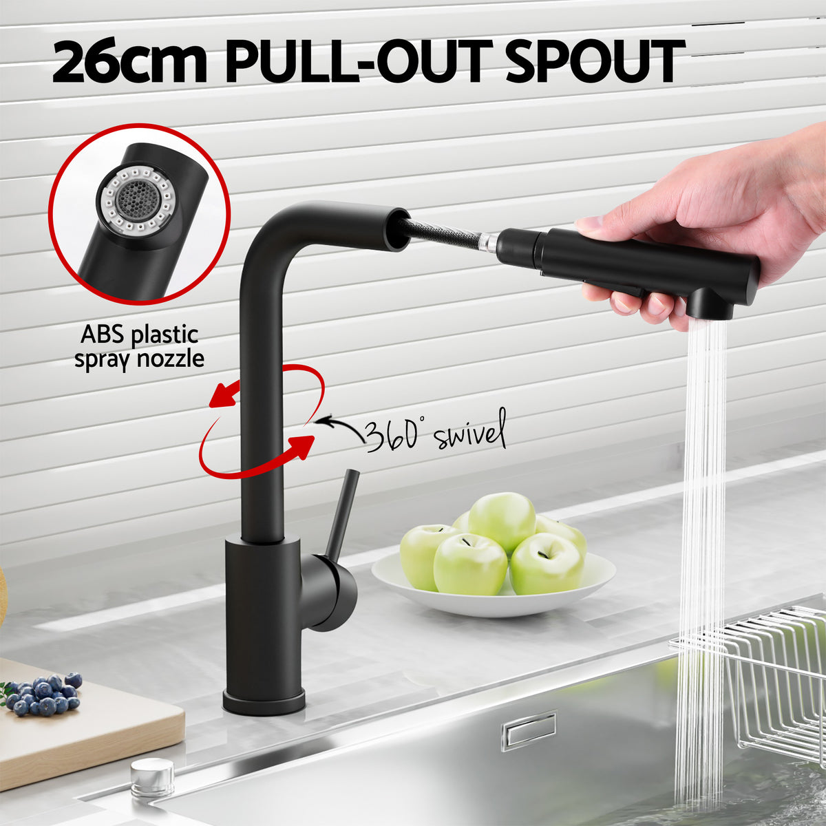 Cefito Stainless Steel Sink 60x45CM With Pull Out Mixer Tap Kitchen Basin Single Bowl Black