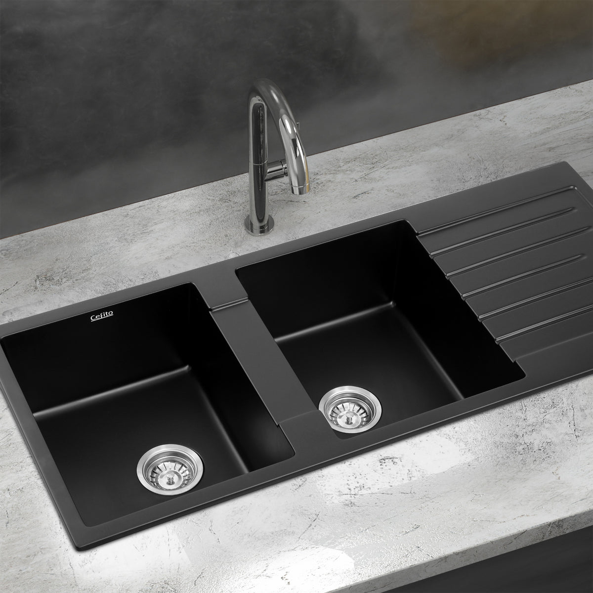 Cefito Kitchen Sink 116x50cm Granite Stone Sink Double Bowl Black