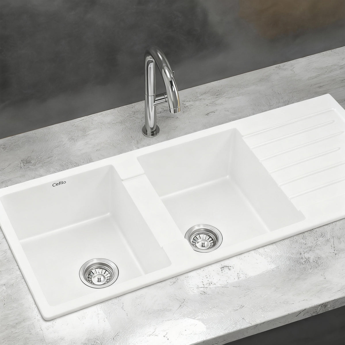 Cefito Kitchen Sink 116x50cm Granite Stone Sink Double Bowl White