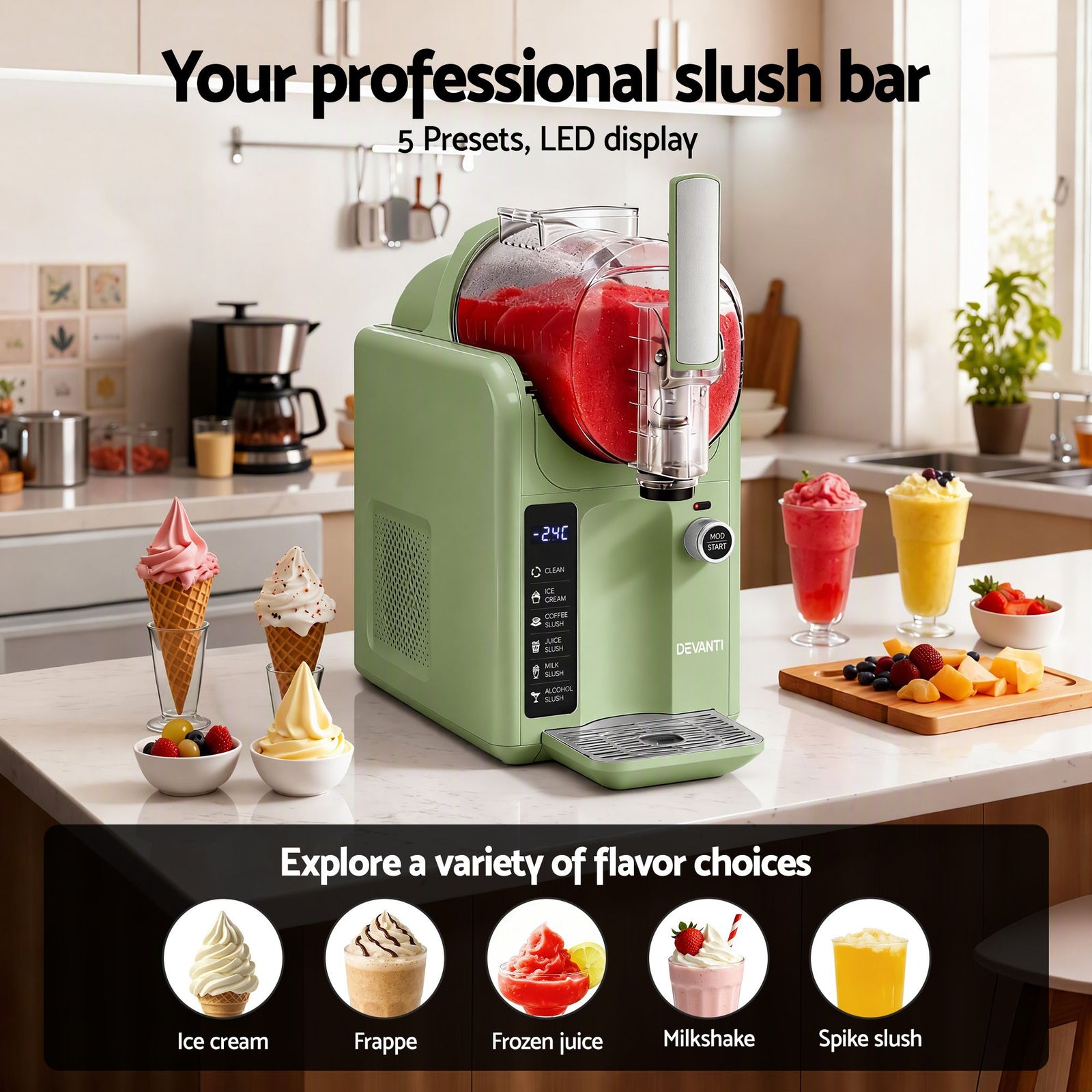 Devanti 5in1 Slushie Machine Ice Cream Maker 2L Sage Green