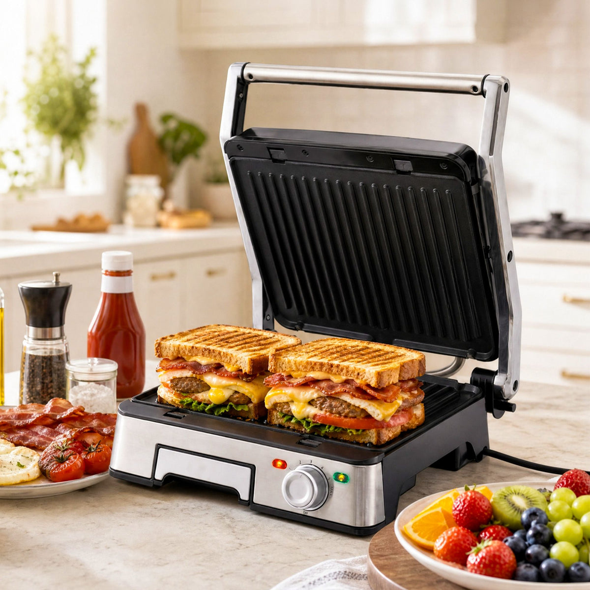 Devanti 2000W 3-in-1 Panini Press Grill Sandwich Maker 180° Open 4 Slice