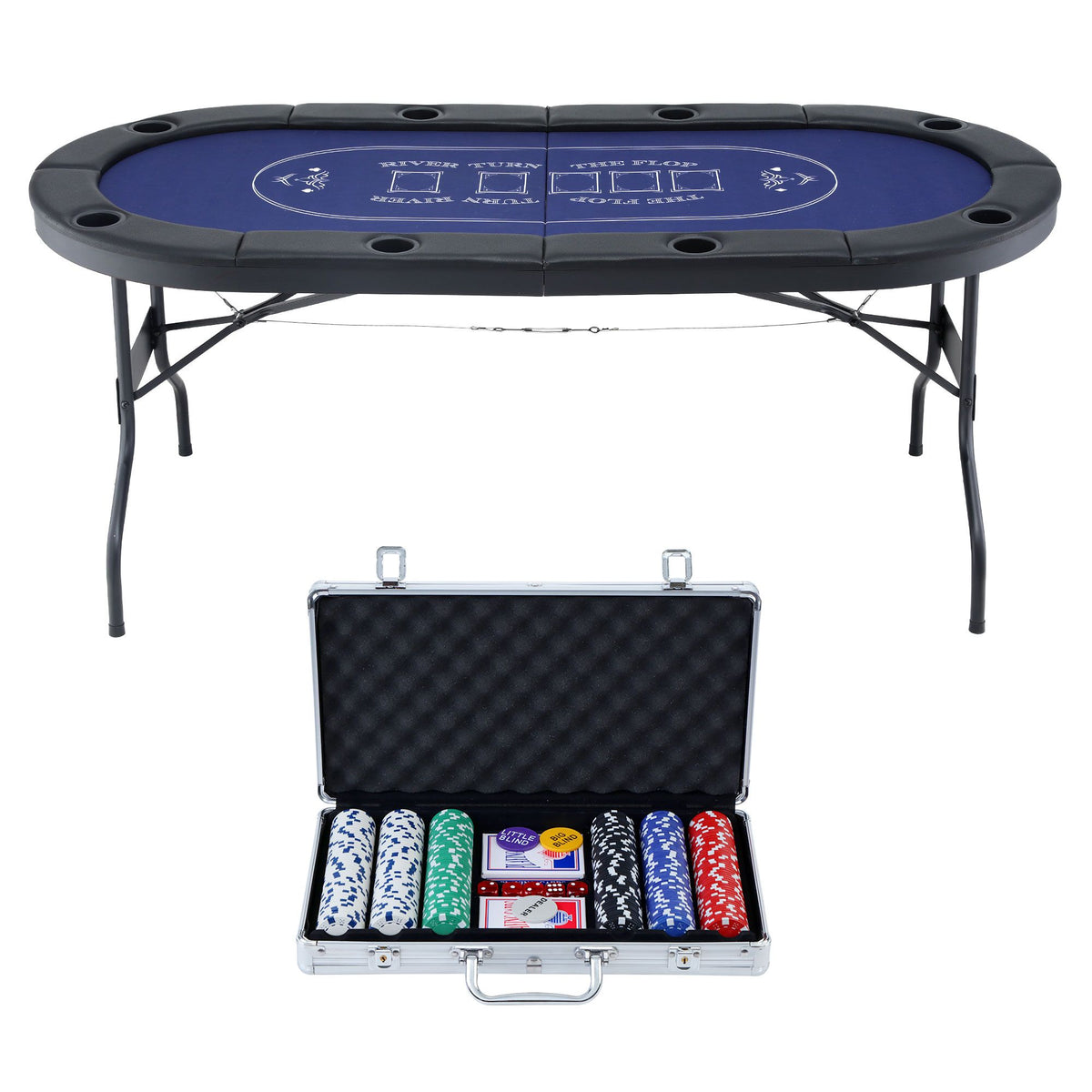 8 Player 1.8m Folding Poker Table and 300pcs Chips Set Portable Card Game Blue Layout Blue