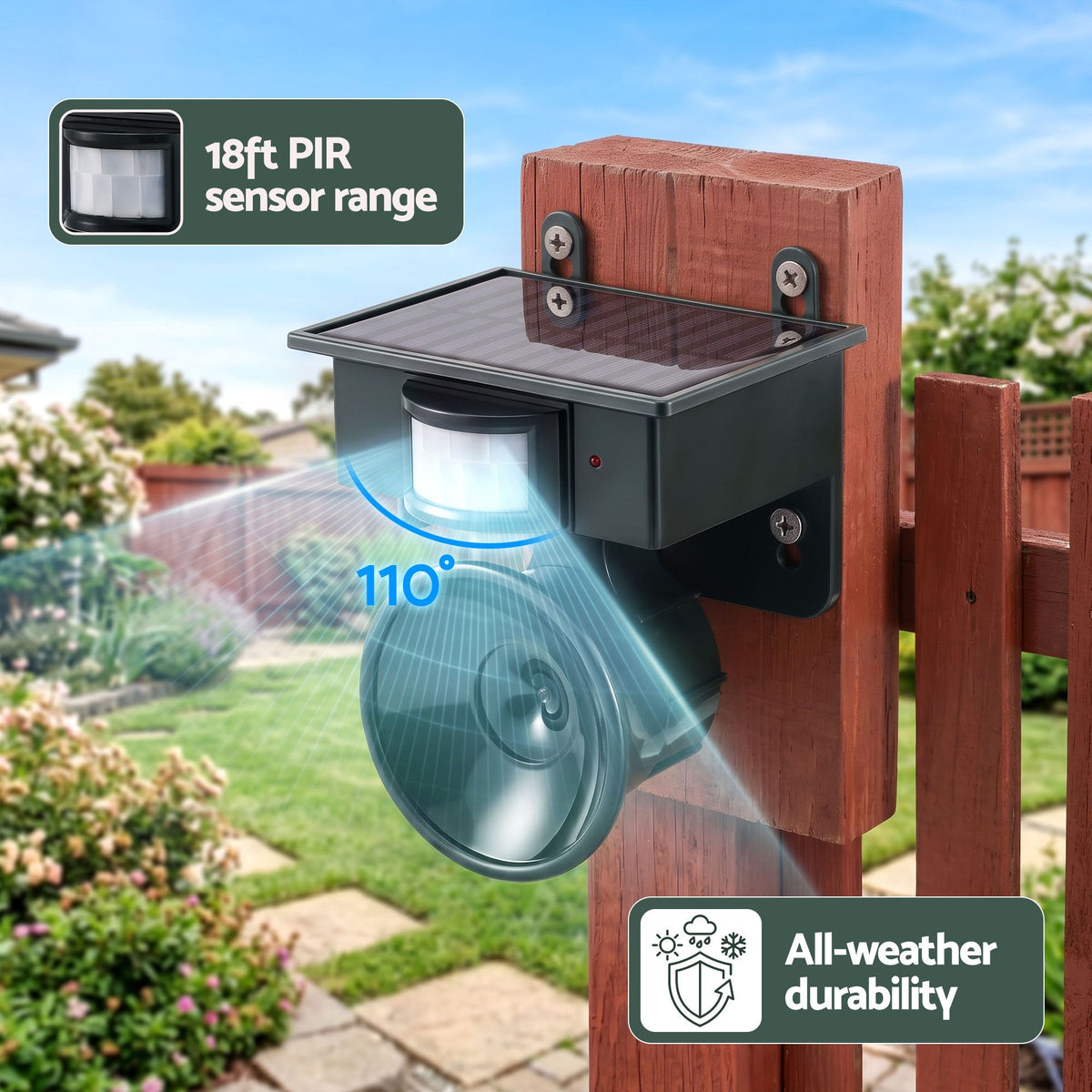 Gardeon Solar Ultrasonic Animal Deterrent PIR Motion Sensor Outdoor Garden Green