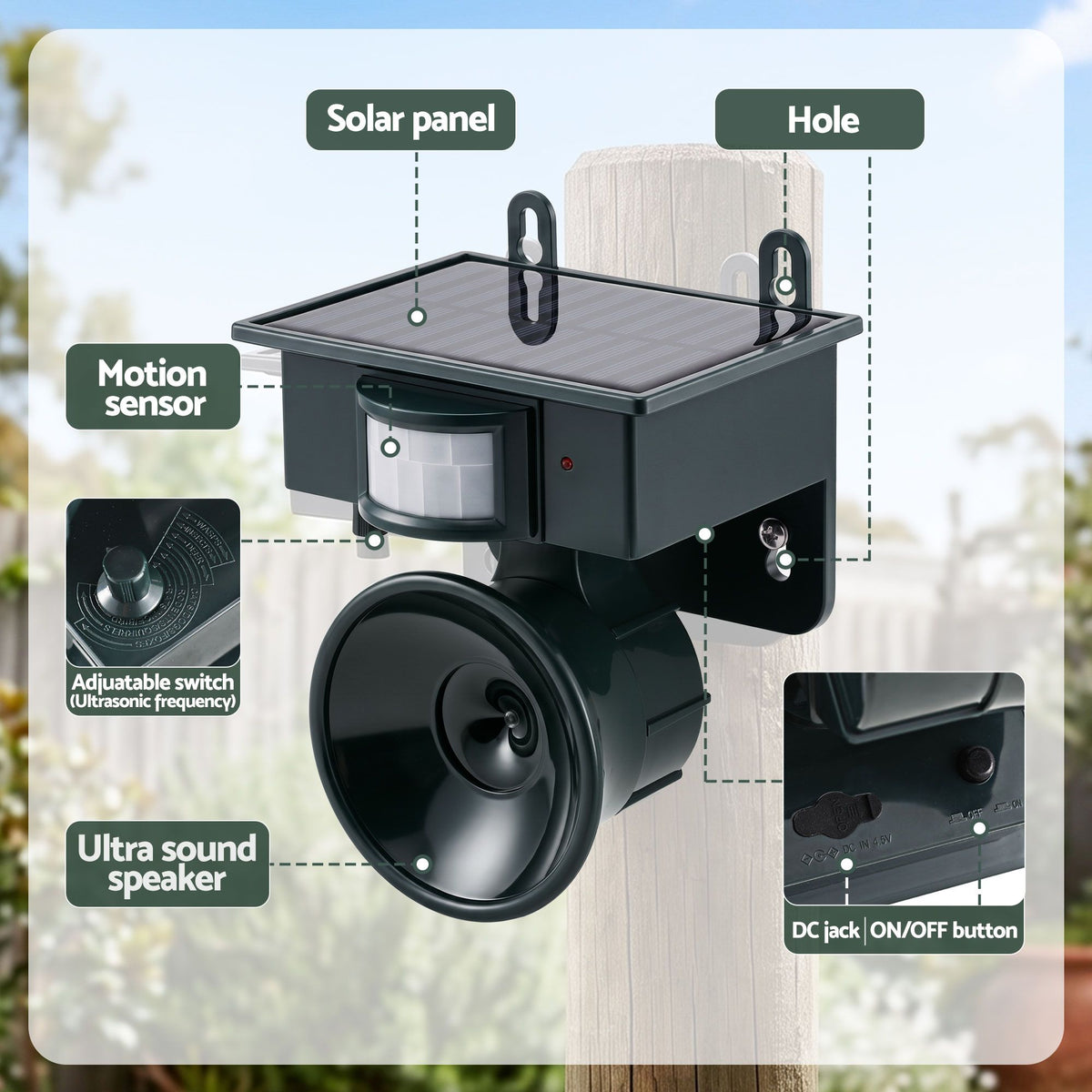 Gardeon Solar Ultrasonic Animal Deterrent PIR Motion Sensor Outdoor Garden Green