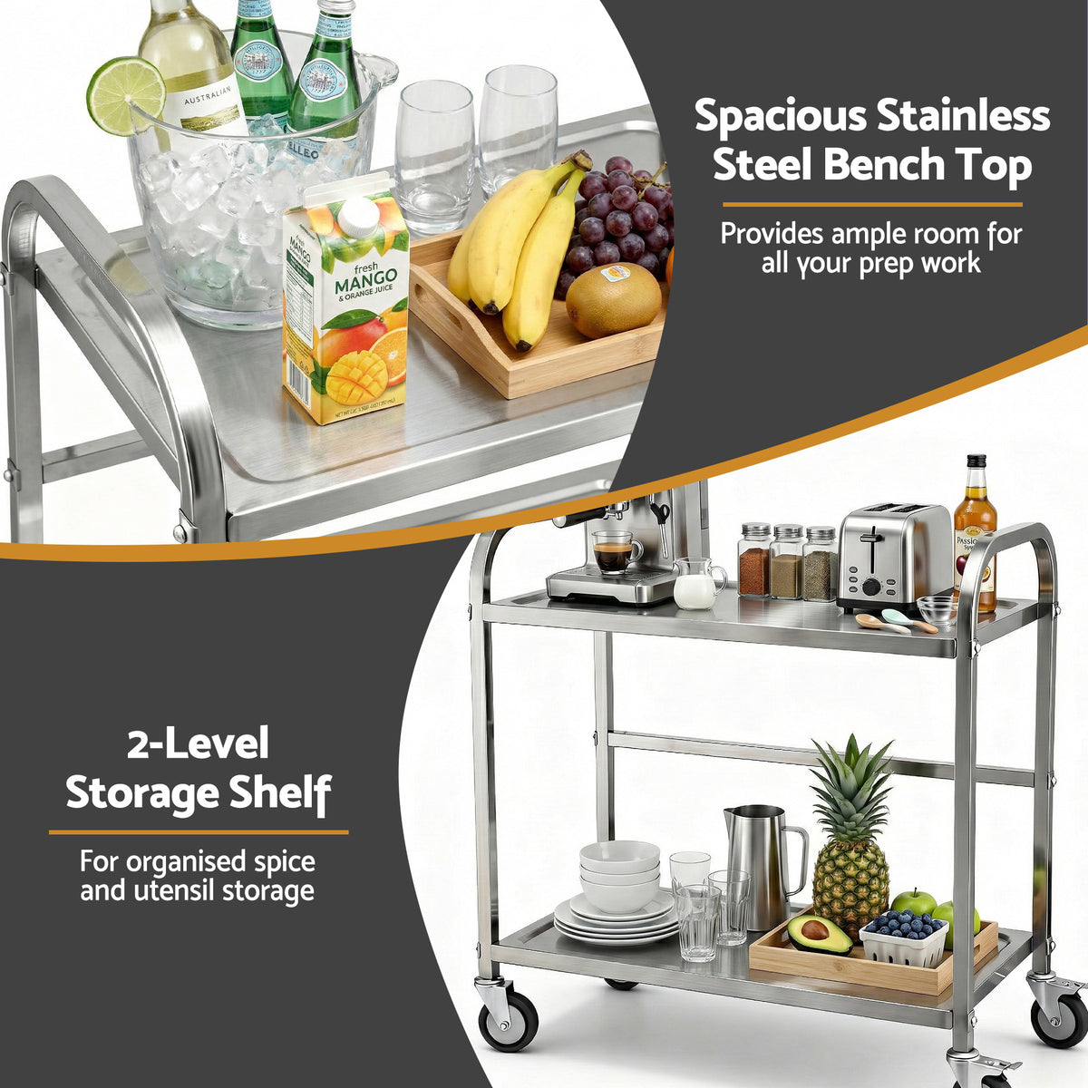 Cefito 2-Tier Stainless Steel Kitchen Trolley with Wheels 84x56x98cm