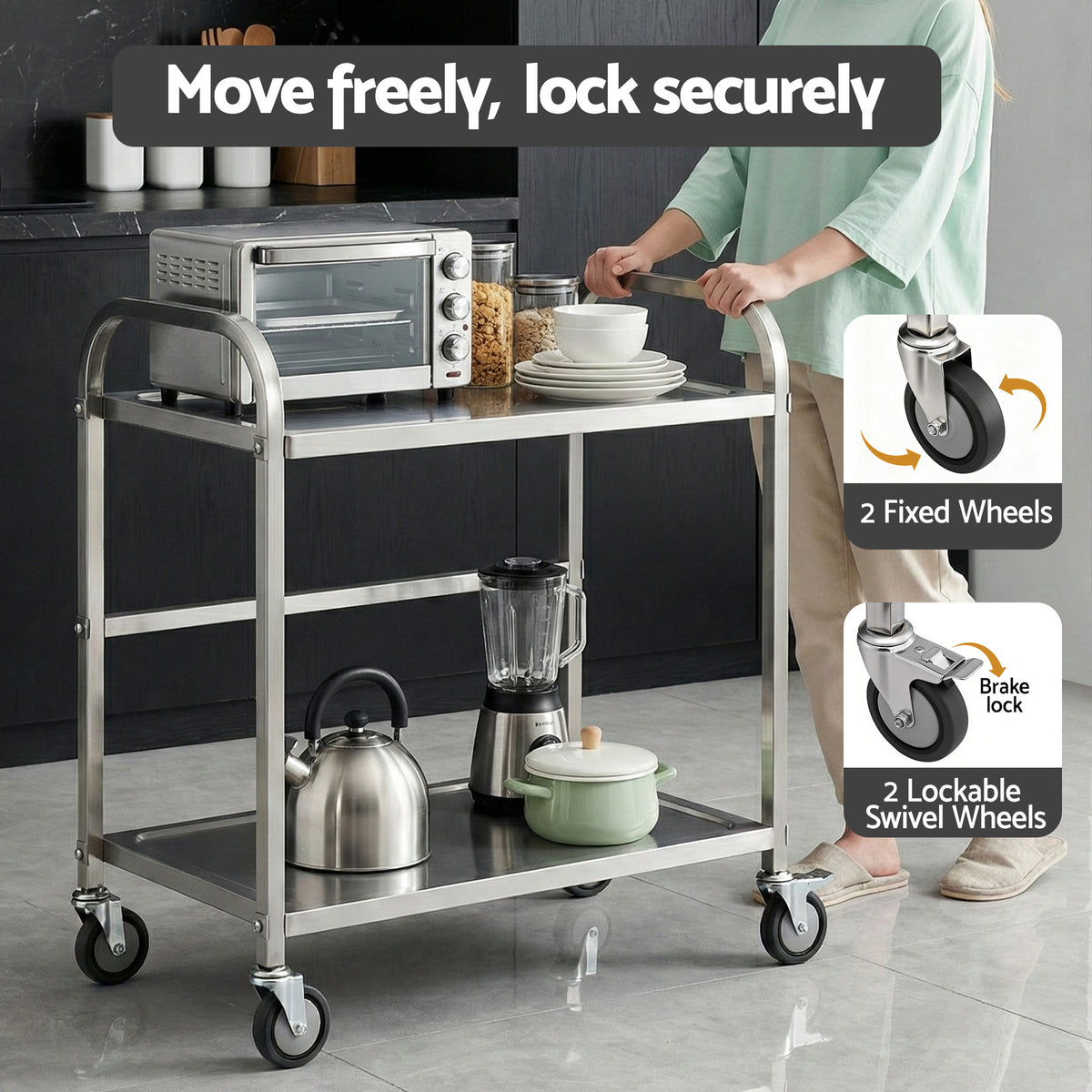 Cefito 2-Tier Stainless Steel Kitchen Trolley with Wheels 84x56x98cm