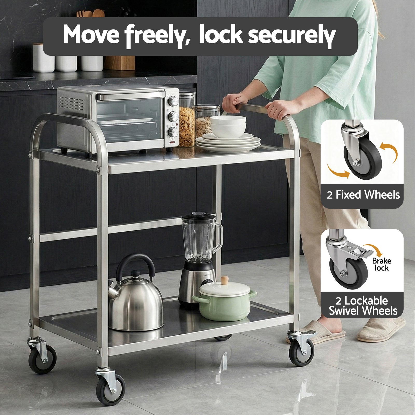 Cefito 2-Tier Stainless Steel Kitchen Trolley with Wheels 84x56x98cm