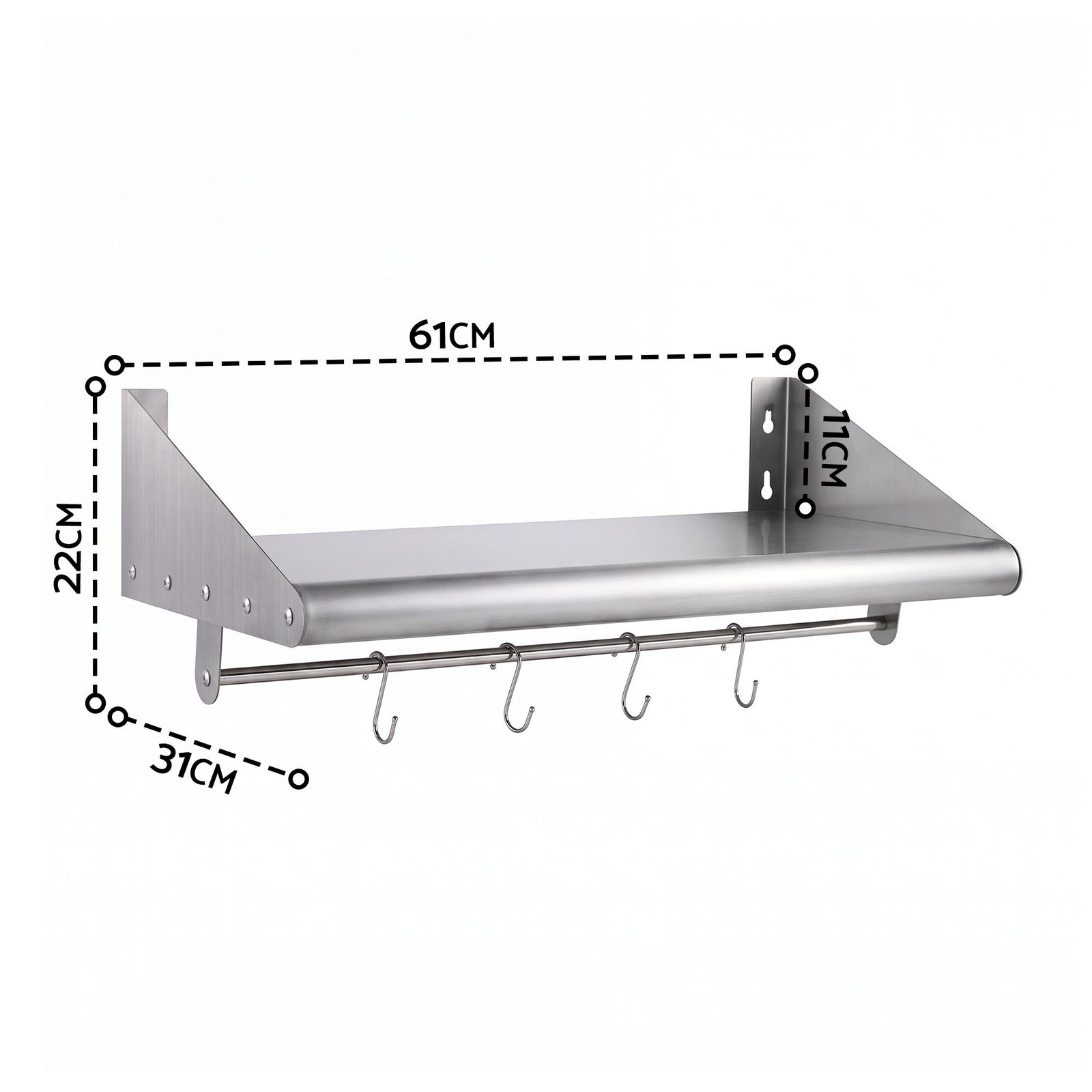 Cefito 610mm 430 Stainless Steel Wall Shelf with Hooks and Side Guards