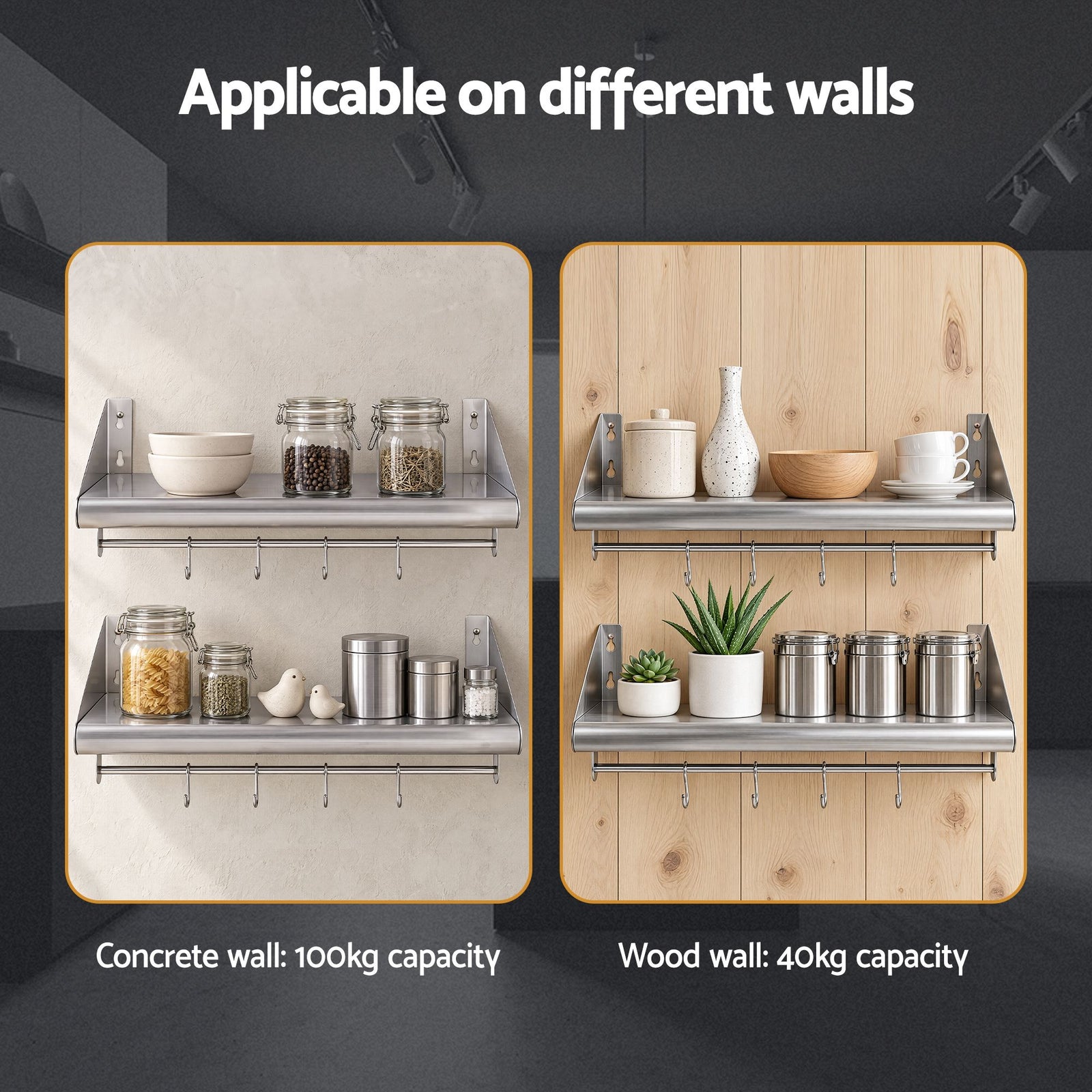 Cefito 610mm 430 Stainless Steel Wall Shelf with Hooks and Side Guards