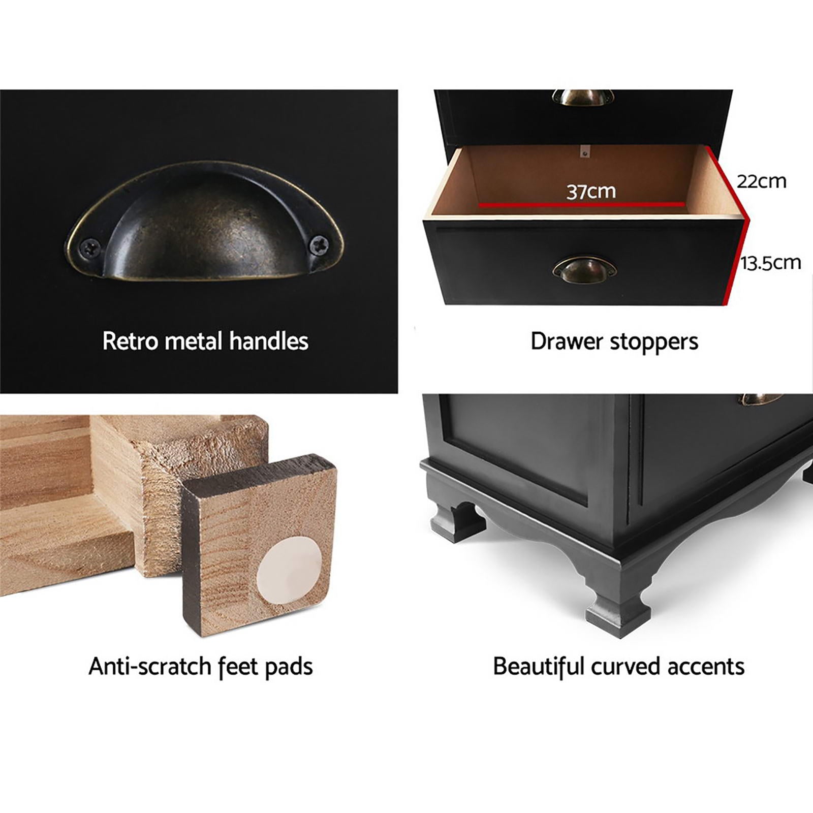 Artiss 2x Bedside Table 3 Drawers Vintage - THYME Black
