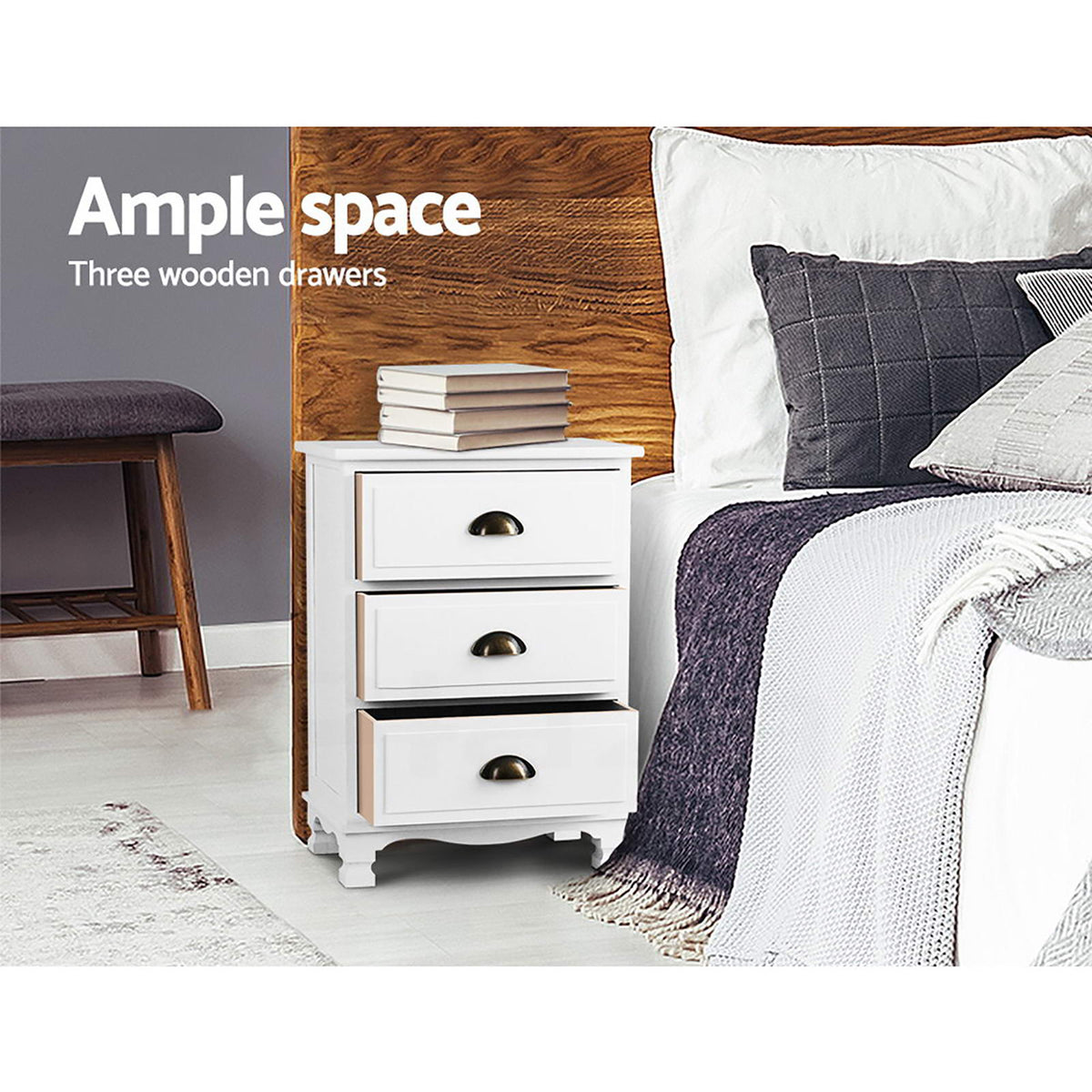 Artiss 2x Bedside Table 3 Drawers Vintage - THYME White