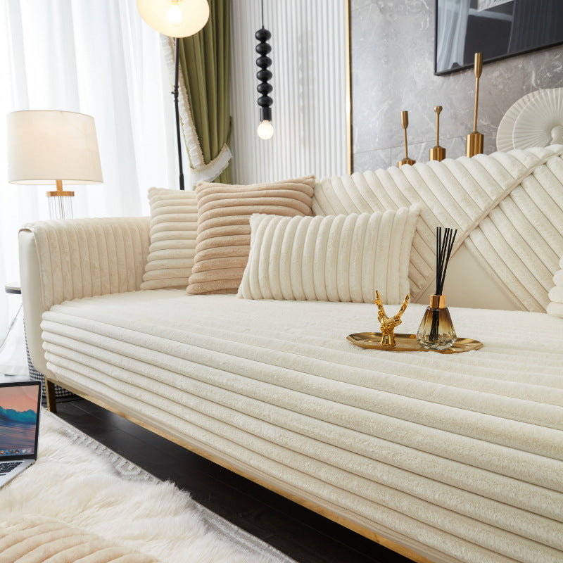 Anyhouz Sofa Towel Super Soft Linear Beige Rabbit Plush Quilted Couch Cover L-shaped Sectional Anti-slip Sofa Cover