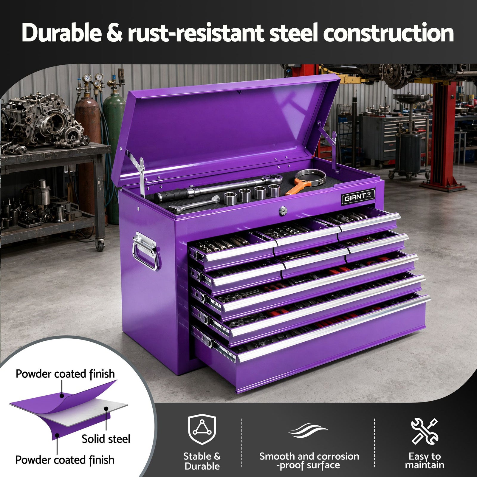 Giantz 9-Drawer Tool Cabinet Chest Toolbox Heavy Duty Garage Storage Organiser Purple