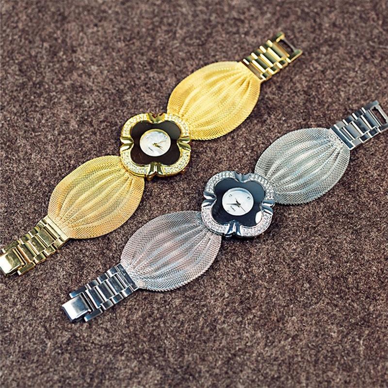 Silver Flower Mirror Watch With Diamond Grid Strap For Women-1915196688478375938