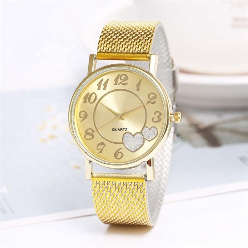 Women Double Heart Mesh Belt Watch - Golden Alloy-1915196918527561729
