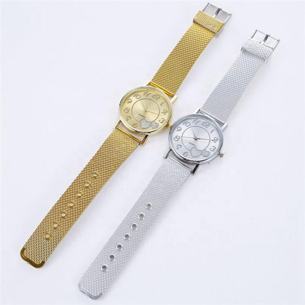 Women Double Heart Mesh Belt Watch - Golden Alloy-1915196918527561731